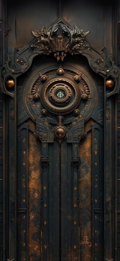 Steampunk door design with gears and metallic textures in dark, rusty hues evoking mystery and craftsmanship | 4K Wallpaper for Mobile