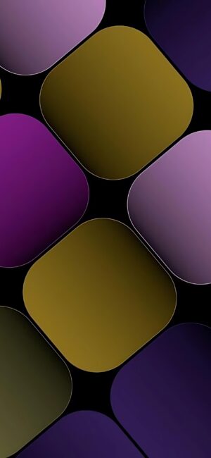 Abstract design with rounded squares in purple and gold on black background, creating a modern look | 4K Wallpaper for Mobile