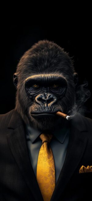 Gorilla in a suit with a yellow tie, smoking a cigar against a dark background | 4K Wallpaper for Mobile | Black, Yellow