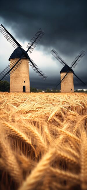 Windmills, dark sky, golden wheat fields create a serene landscape | 4K Wallpaper, perfect for Mobile. Explore nature and architecture.