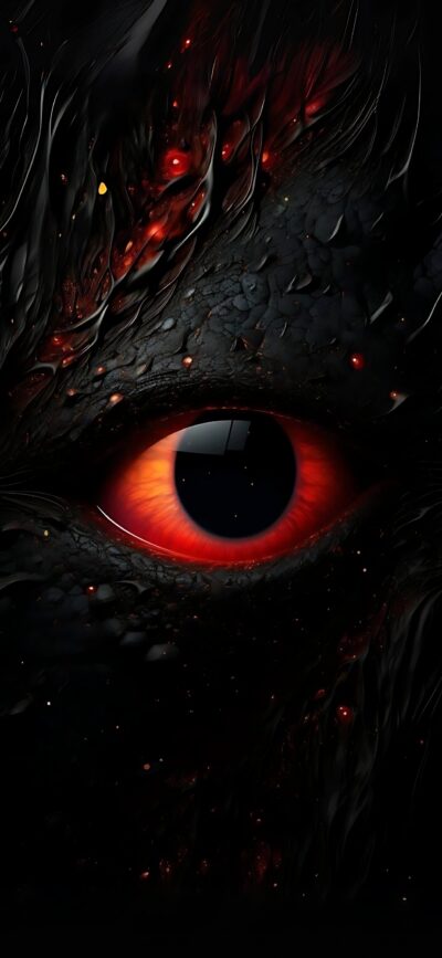 Dragon's eye close-up with fiery red, orange scales; mythical and fantasy vibes. | 4K Wallpaper for Mobile