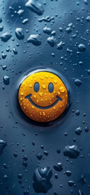 Yellow smiley face with raindrops on a dark blue background | For Mobile | 4K Wallpaper