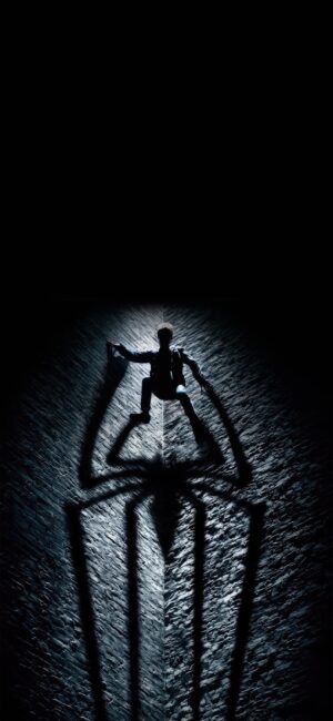 Silhouette of a Spider-Man-like figure on a textured wall with dramatic shadows | 4K Wallpaper for Mobile | Black, Grey, Blue