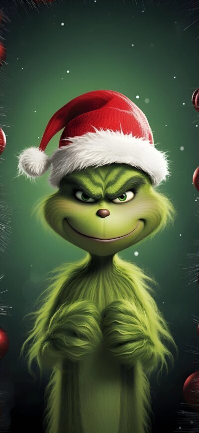 The Grinch in a Santa hat on a festive background | Green, Red, White | 4K Wallpaper for Mobile