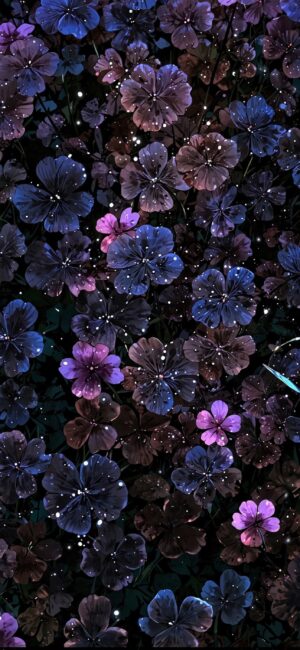 Stylized blue, purple, and pink flowers, dark backdrop, sprinkled with bright specks; magical, ethereal design | 4K Wallpaper for Mobile