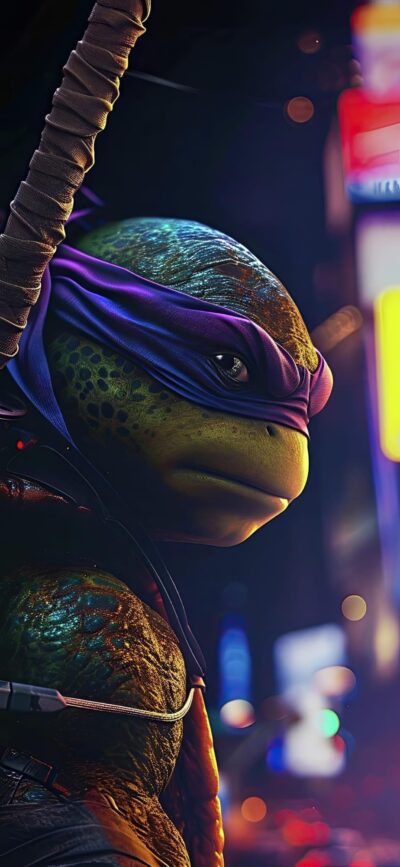 Teenage Mutant Ninja Turtles character with purple mask, dynamic cityscape background | 4K Wallpaper for Mobile