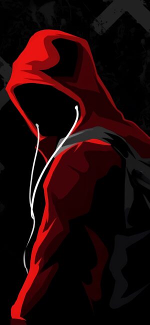 Mysterious abstract person in red hoodie with earphones on dark background, modern vibe | 4K Wallpaper | for Mobile