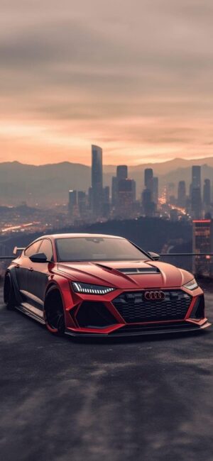 Red Audi car with cityscape backdrop featuring hazy skyscrapers | Red, Black, Gray | 4K Wallpaper for Mobile