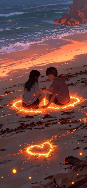 Boy and girl on a sandy beach at sunset with glowing hearts, serene ocean, romantic atmosphere | 4K Wallpaper for Mobile