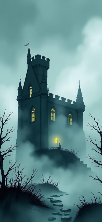 Mysterious castle in dense fog with glowing windows and bare trees, evoking a gothic fantasy vibe | 4K Wallpaper for Mobile