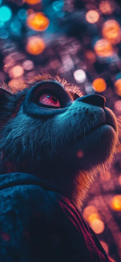 Raccoon-like character with vibrant, glowing eyes in neon blue and orange bokeh background | 4K Wallpaper for Mobile