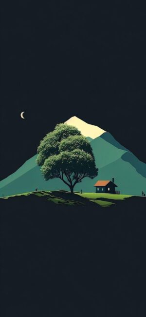 Minimalist landscape with tree, red-roofed house, mountain under crescent moon. Serene night-time scene | 4K Wallpaper for Mobile