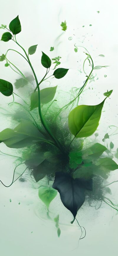 Vibrant green leaves with swirling plant-like elements create a dynamic, refreshing atmosphere | 4K Wallpaper for Mobile