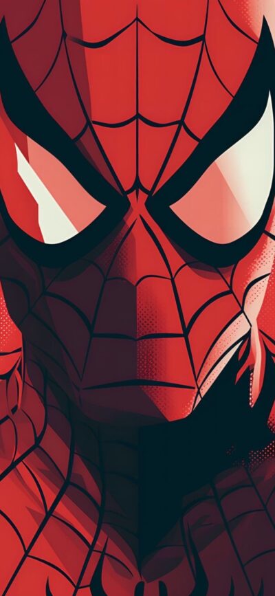 Close-up Spider-Man illustration with iconic mask and web pattern in red and dark tones | 4K Wallpaper for Mobile