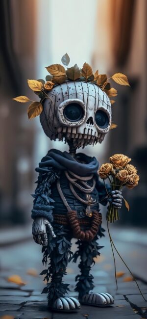 Whimsical humanoid skeleton with autumn leaves and roses in an urban setting | Fantasy Surrealism | Blue, Gold, Brown | 4K Wallpaper for Mobile