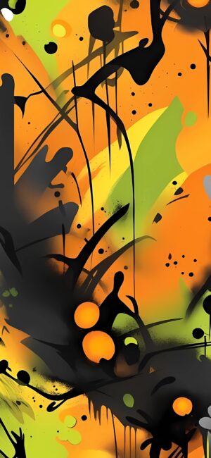 Vibrant abstract design with bold black paint splashes on orange and green. Dynamic brushstrokes for a street art vibe. | 4K Wallpaper for Mobile