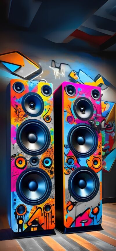 Graffiti-inspired speakers in vibrant pink, orange, yellow, blue on a colorful background | 4K Wallpaper, for Mobile