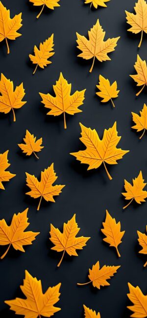 Golden yellow maple leaves on a dark background | Autumn Elegant Pattern | 4K Wallpaper for Mobile | Yellow & Black Design.