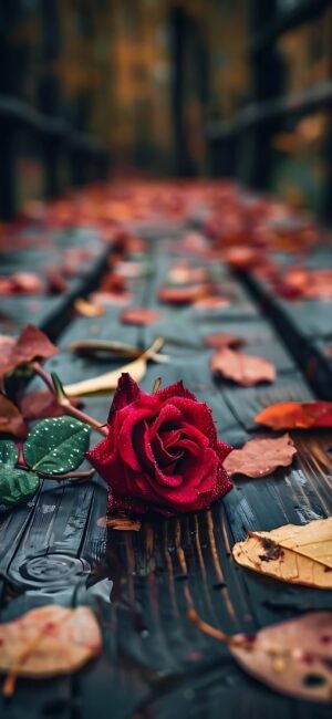 Red Rose on Rain-Soaked Wood with Autumn Leaves | Serene Fall Atmosphere | Primary Colors: Red, Brown, Orange | 4K Wallpaper for Mobile