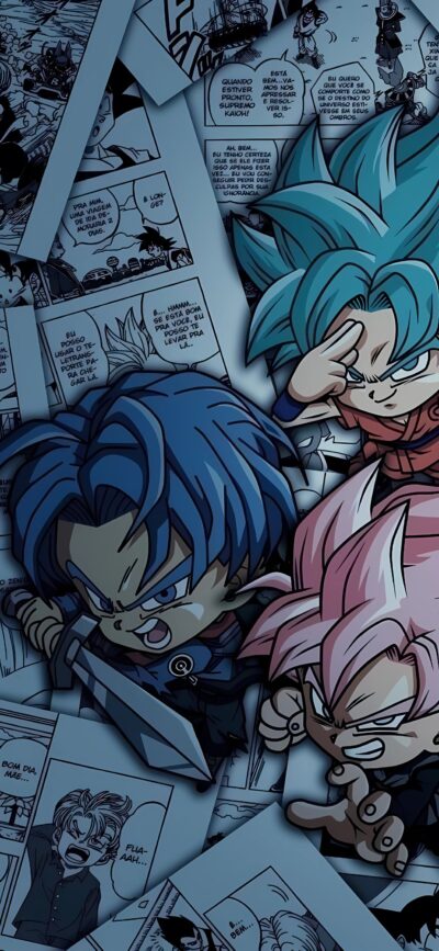 Dragon Ball Z characters in manga style with colorful hair and expressions. Blue, pink, black tones. | 4K Wallpaper for Mobile