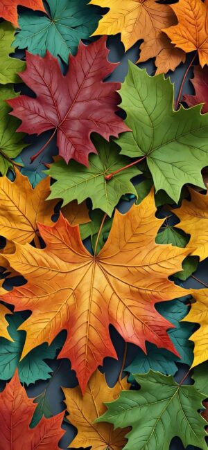 Autumn leaves in vibrant red, green, yellow, orange hues artistically arranged. Perfect for Mobile | 4K Wallpaper