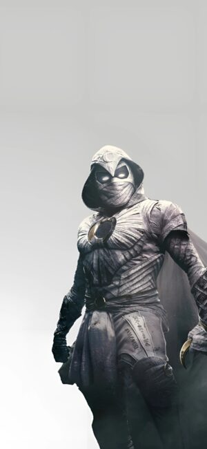 Moon Knight-inspired superhero in hooded costume with crescent symbol, gray-black-white tones | 4K Wallpaper, for Mobile