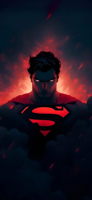 Superman with glowing eyes and "S" emblem in red and dark background | Superhero | DC Comics | Mobile | 4K Wallpaper