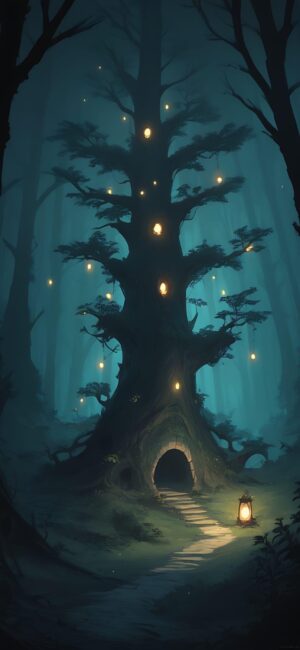 Mystical glowing tree with lanterns in a dark forest, fantasy theme, blue, green, yellow tones | 4K Wallpaper for Mobile