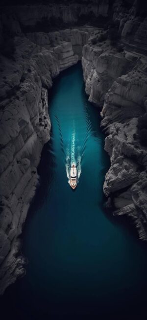 Serene boat amidst towering canyon rocks, deep blue waters contrast with gray hues | 4K Wallpaper for Mobile