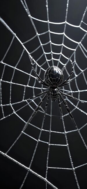 Spider in a sleek metallic web design on a dark background | Black & Silver | 4K Wallpaper for Mobile | Spider & Abstract Theme