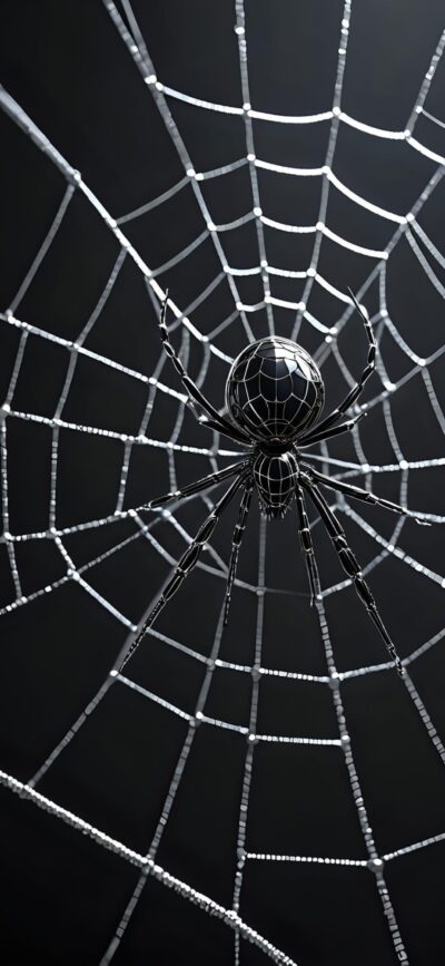 Spider in a sleek metallic web design on a dark background | Black & Silver | 4K Wallpaper for Mobile | Spider & Abstract Theme