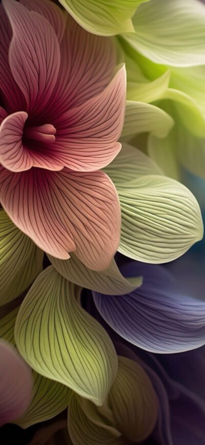 Abstract floral petals with pastel pink, green, and purple hues | 4K Wallpaper for Mobile