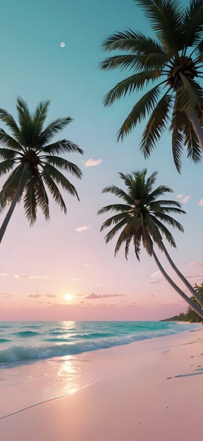 Serene beach with palm trees and a pastel sunset over turquoise ocean waves | 4K Wallpaper for Mobile