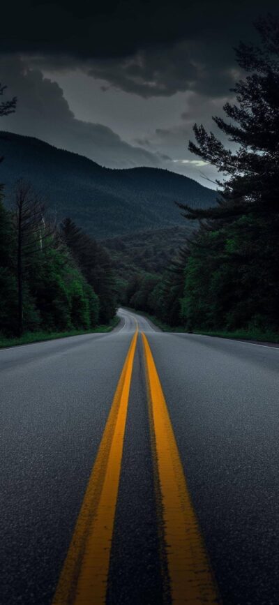 Scenic road lined with green trees leading to hills under a cloudy sky, perfect for a journey vibe | 4K Wallpaper for Mobile