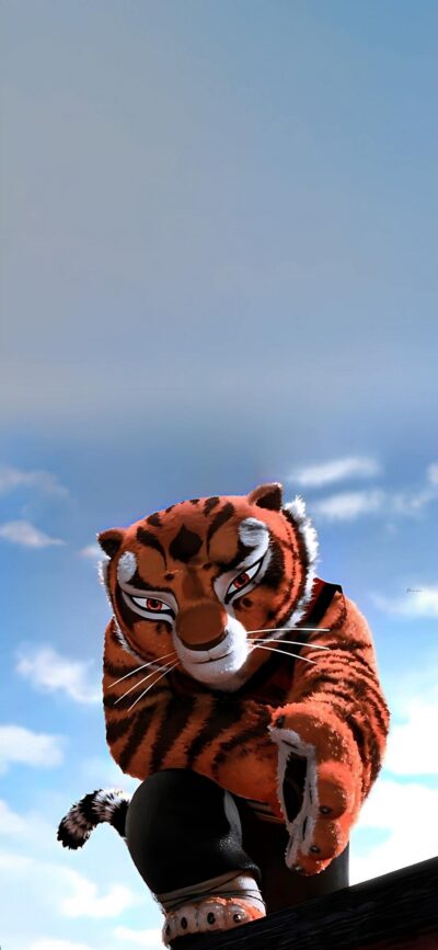 Animated tiger in dynamic pose with vivid details against a clear blue sky | Blue, Orange, Black | 4K Wallpaper for Mobile