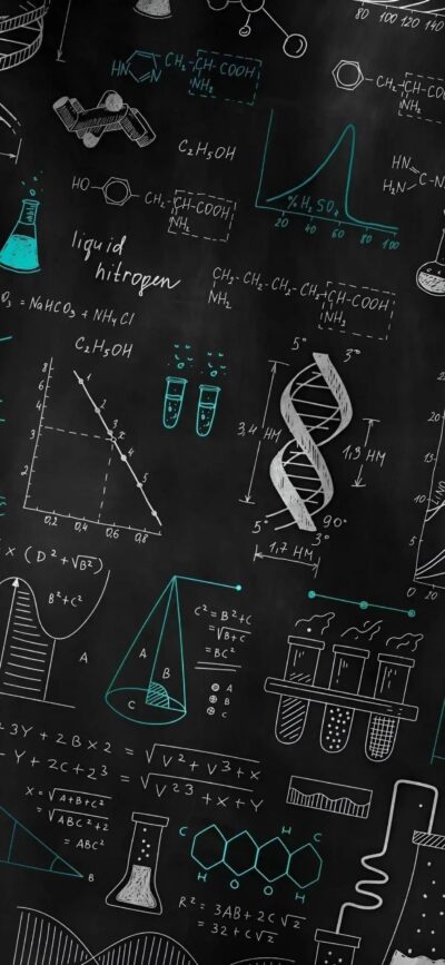 Science-themed chalkboard wallpaper with chemical formulas, equations, graphs, lab equipment & DNA helix. | 4K Wallpaper for Mobile