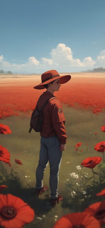 Person in a wide-brimmed hat amid a field of red poppies under a blue sky with clouds | 4K Wallpaper for Mobile