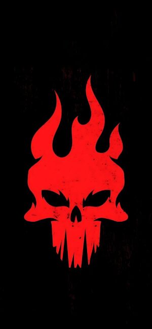 Red flaming skull wallpaper on a dark background, perfect for creating an intense vibe | 4K Wallpaper for Mobile | Red, Black