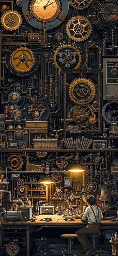 Steampunk scene with gears and machinery in a workshop, highlighting industrial creativity in brass and copper tones | 4K Wallpaper for Mobile