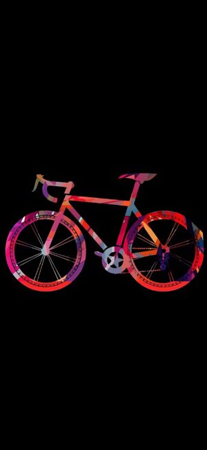 Multicolored abstract bicycle against a black background; vibrant geometric design in red, orange, and purple | 4K Wallpaper for Mobile