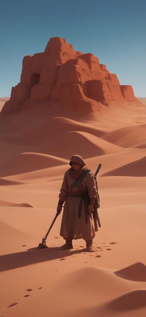 Desert wanderer in robes, sand dunes and rock formation, evokes solitude and adventure | Orange, Brown, Blue | 4K Wallpaper for Mobile