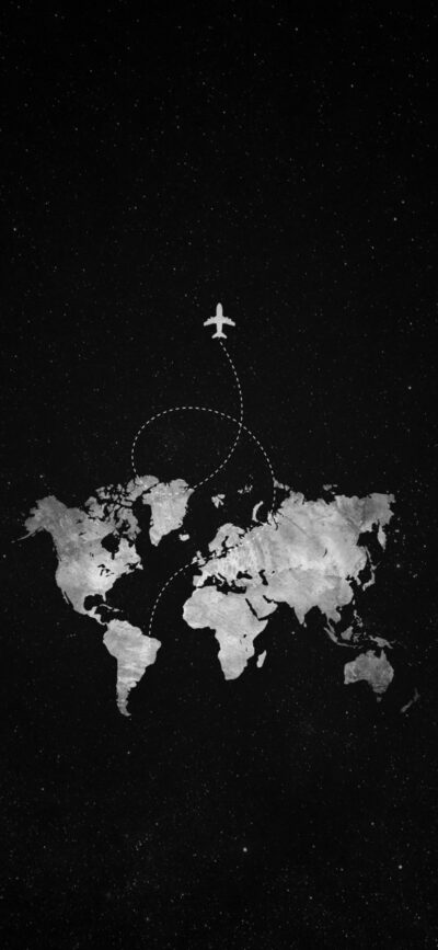 Minimalist world map with airplane path over a starry night sky, evoking wanderlust | 4K Wallpaper | for Mobile