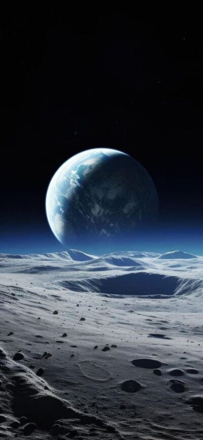 Outer space view with Earth over a lunar surface, showcasing moon's icy terrain and deep space | 4K Wallpaper for Mobile