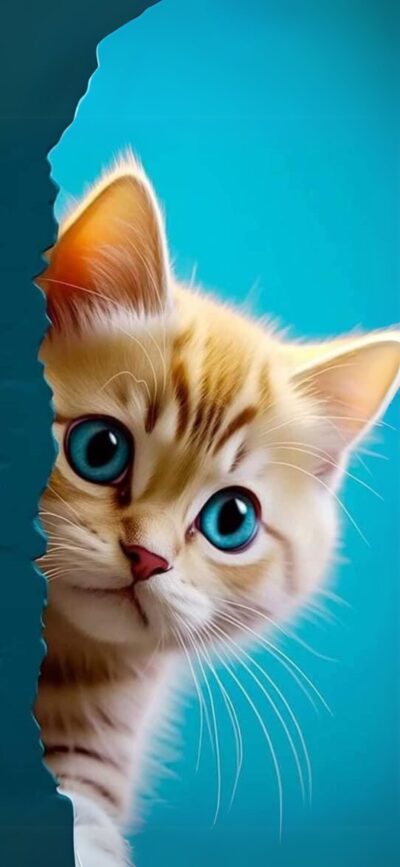 A cute kitten with bright blue eyes peeks from a vibrant blue background, showcasing its playful nature | 4K Wallpaper for Mobile