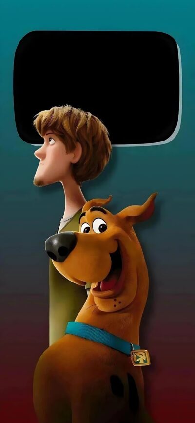 Shaggy and Scooby-Doo joyfully back-to-back; subtle blue and dark background for depth | 4K Wallpaper, for Mobile