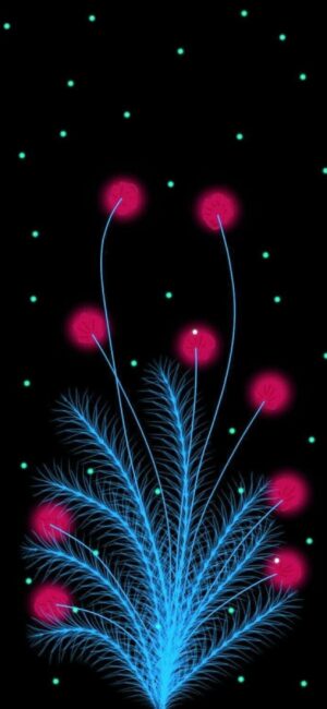 Abstract neon blue feather design with pink circles on black background, accented by green dots. | 4K Wallpaper for Mobile