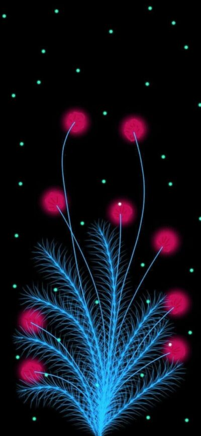 Abstract neon blue feather design with pink circles on black background, accented by green dots. | 4K Wallpaper for Mobile