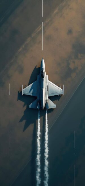 Sleek jet taking off with white smoke trails, top-down view, blue, gray, white hues, aerodynamic design, faded runway | 4K Wallpaper for Mobile