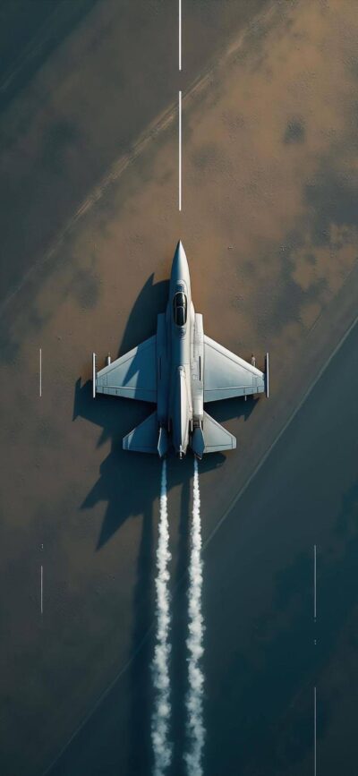 Sleek jet taking off with white smoke trails, top-down view, blue, gray, white hues, aerodynamic design, faded runway | 4K Wallpaper for Mobile