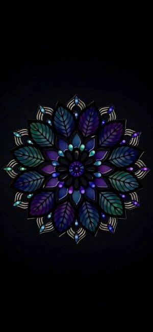 Intricate mandala design with blue, purple, and green leaf motifs on a dark background | 4K Wallpaper for Mobile